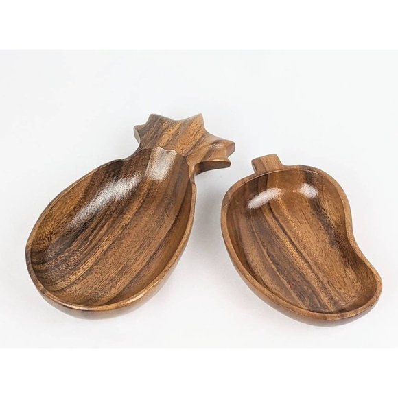 Set of 2 Vtg Handcarved Wood Bowls | MCM Wood Trinket Dish Pineapple Tidbit Tray - Picture 3 of 10